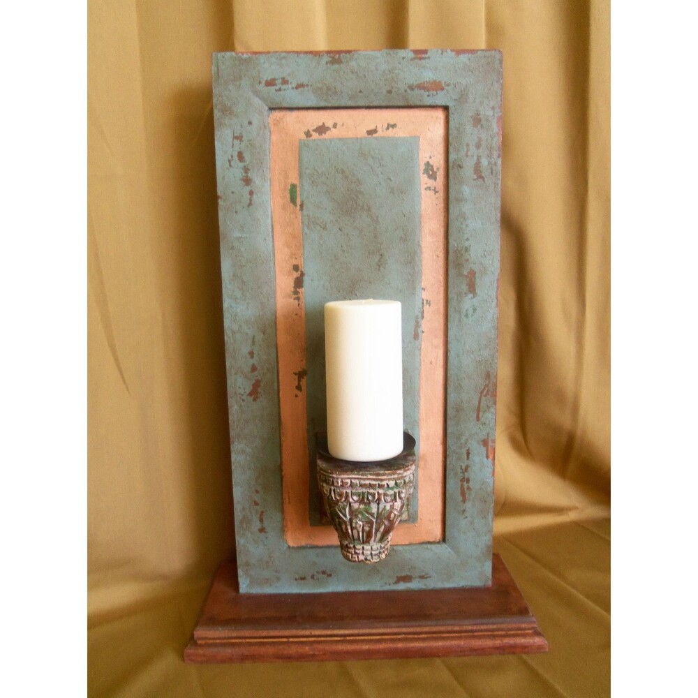 Pottery Barn Vintage Havana Pillar Sconce Wood fireplace Holder + Candle blue